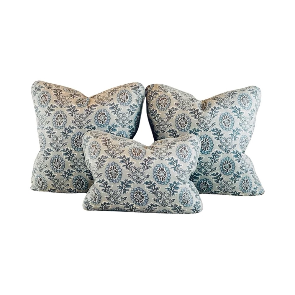 3 Pc Set French General Aqua Blue Gray Boheme Damask Floral Pillow Covers